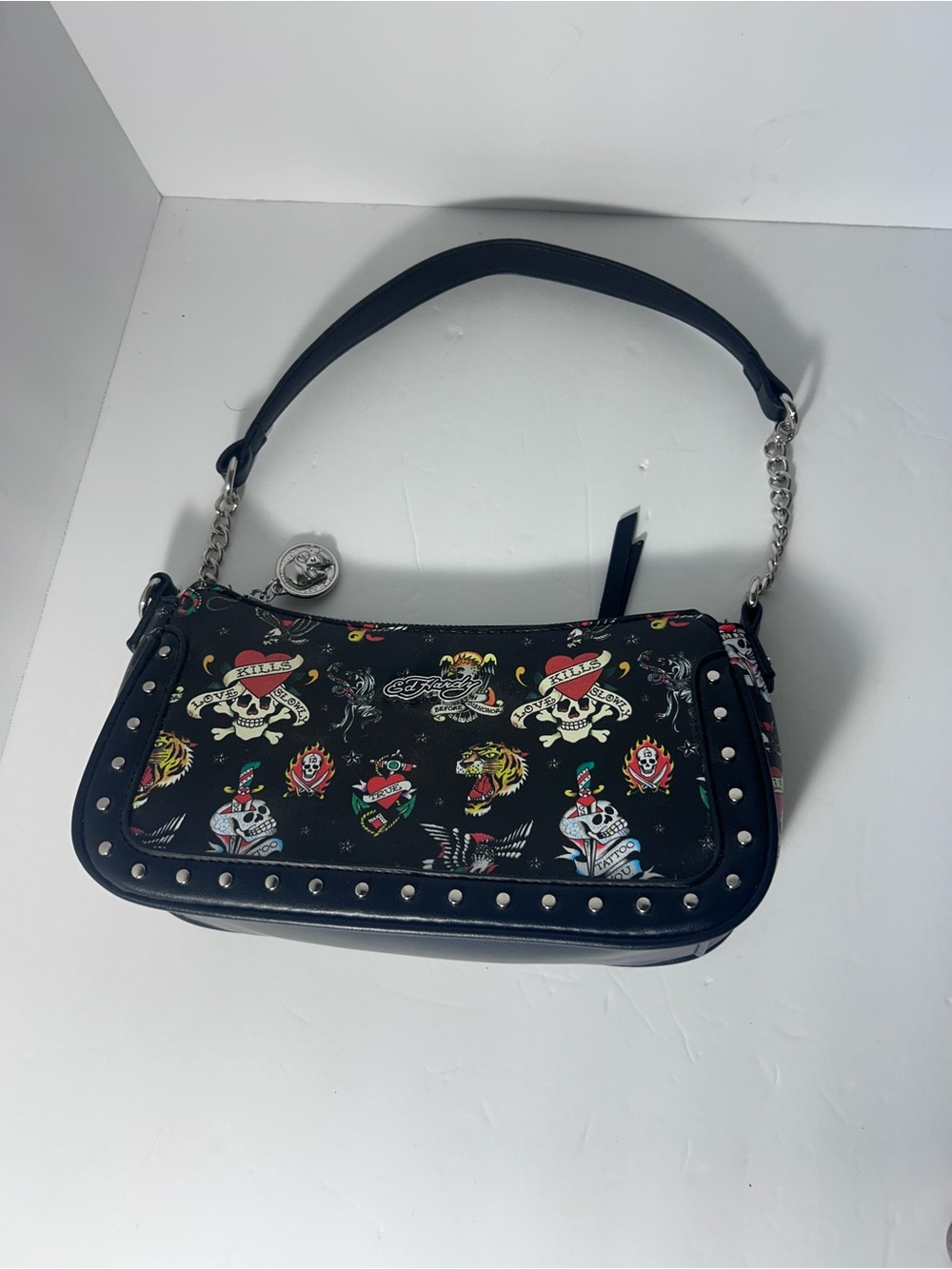 Ed Hardy Black Tattoo-Print Studded Shoulder Bag with Chain Accent